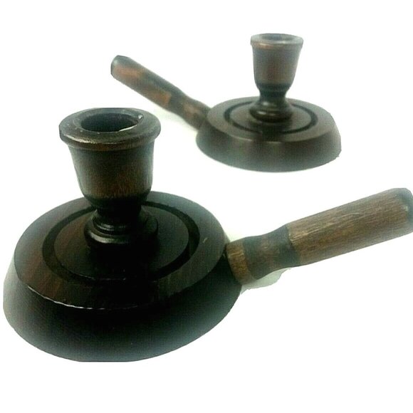 Two Vintage Wooden Handled Chamberstick Candleholders Rustic Granny Chic Charm - Picture 1 of 6